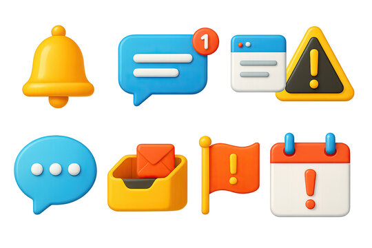 3D icon set of notifications: alert bell, push message, pop-up icon, warning sign, chat bubble, inbox icon, announcement flag, calendar alert.