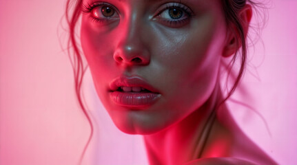 A beautiful woman stands illuminated by dreamy pink neon, her silhouette glowing softly against a pastel pink background. The scene feels ethereal and bold, where fashion meets atmosphere. 