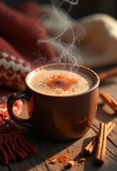 steaming mug spiced cocoa cinnamon cozy beverage warmth rich flavor aroma comfort, drink, whipped, foam, marshmallow, richen, creamy, sweet, sipping, relaxation