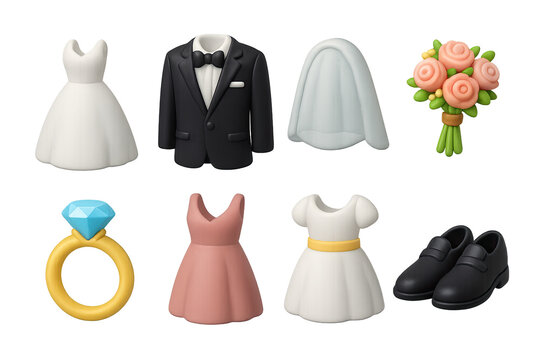 Elegant wedding icons set: 3d style with dress, suit, ring, bouquet, and shoes