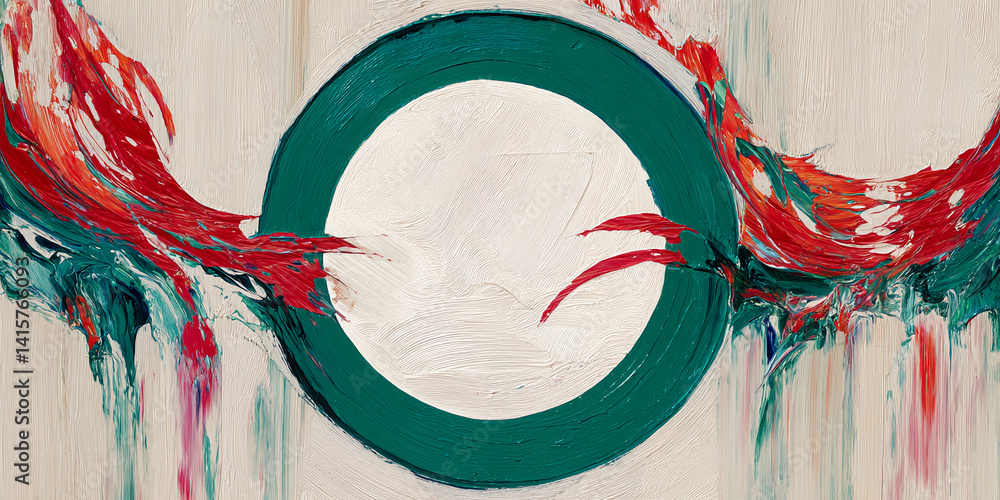 Aufkleber Abstract painting with teal circle frame surrounding beige center, red and teal brushstrokes, creating dynamic visual showcase ideal for various design applications