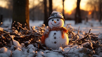 Obraz premium A snowman in a snowy forest at sunset