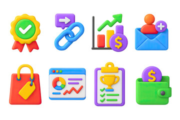 3D icon set of affiliate programs: partner badge, affiliate link, commission chart, program invite, sale referral, dashboard report, reward tracker, payout icon.