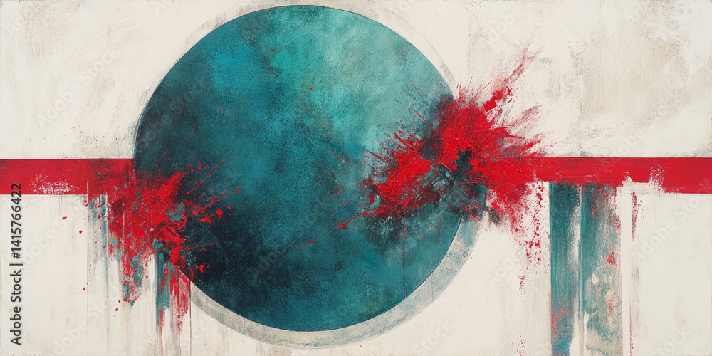 Poster abstract art showcasing teal circle contrasted by red splashes on off-white background, symbolizing 