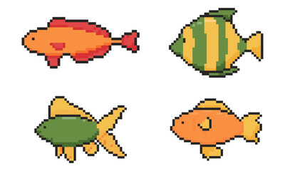 Aquarium fish icon set. Pixel art objects in 8 bit style. Isolated vector illustration.