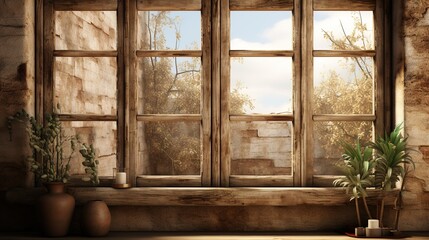 Rustic window with plants and sunlight