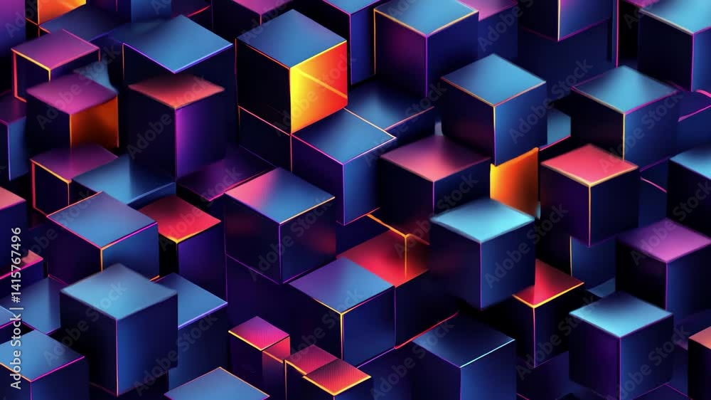 Fototapete dark and minimalist abstract cube topography with vibrant color accents, dark and minimalist abstrac