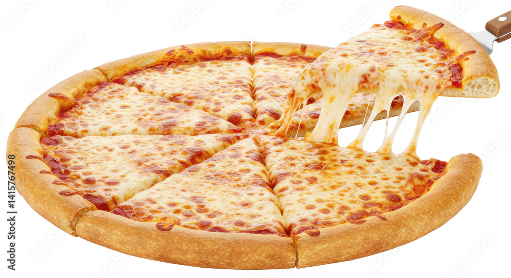 Poster a whole pizza with a slice being lifted showing melted cheese on a transparent background image