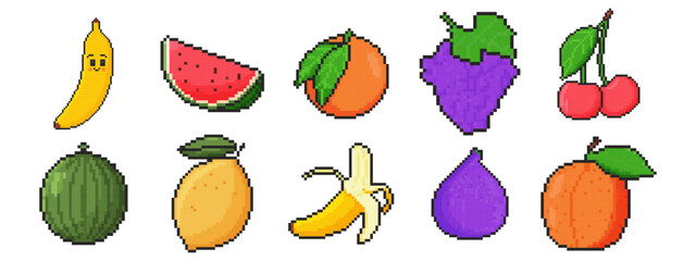 8 bit fruit icon set. Pixel art object. Old school computer graphic style.