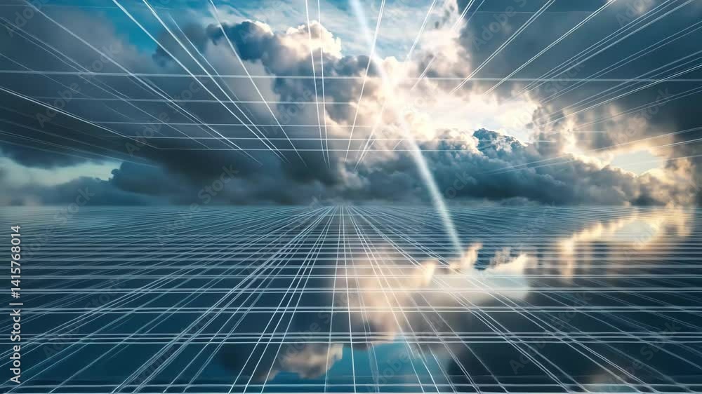 Leinwandbilder Geometric grid creating a dynamic perspective view of a cloudy sky and reflective water, Geometric grid in perspective projectionAbstract wireframe landscape