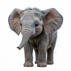 Fototapeta premium Adorable baby elephant standing on white background, showcasing large ears and a curious expression.