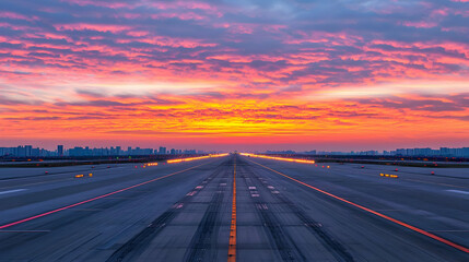 Naklejka premium Airport Runway at Sunrise with Colorful Sky