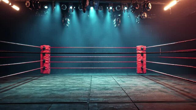Boxing arena illuminated with dynamic lighting showcasing an empty ring, 4K video of boxing arena