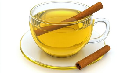 Cinnamon tea in glass cup on saucer, white background;  perfect for food blogs