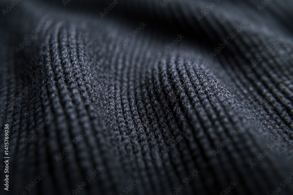 Poster close-up of dark gray knitted fabric texture showing intricate weave and fibers.