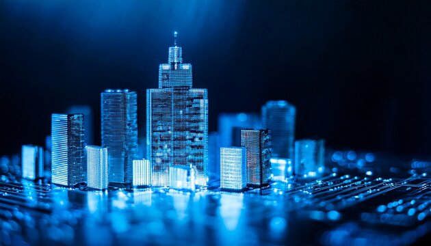 miniature cityscape bathed in cool blue tones, highlighting the intersection of urban development and digital innovation