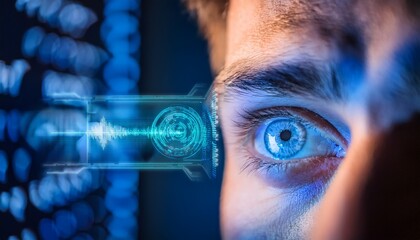 An eye with futuristic technology interface, The eye has a captivating blue color, and is framed by various digital elements.