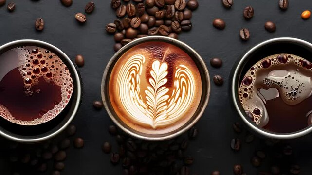 Three Cups Coffee motion animation with Latte Art and Beans 4K Video 
