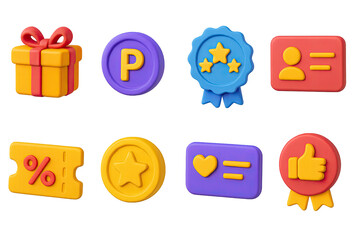 3D icon set of loyalty programs: gift box, reward point, tier badge, membership icon, promo voucher, earned coin, loyalty card, exclusive deal.