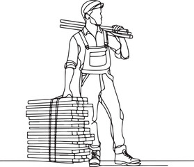 Woodworker with Planks Line Art