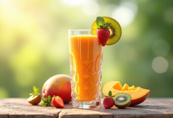 Fototapeta premium suspended glass filled vibrant tropical smoothie colorful fresh ingredients refreshing beverage, fruit, blend, mango, pineapple, mint, orange, juice, banana