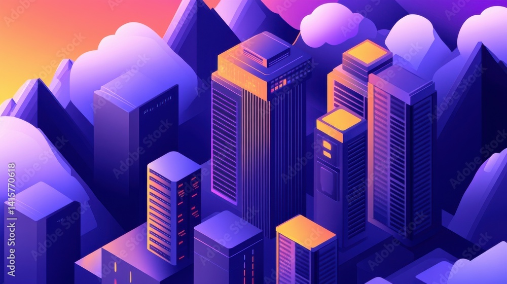 Poster abstract illustration of cloud computing infrastructure with vibrant colors, showcasing data storage