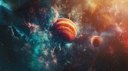 Fototapeta premium Vibrant Cosmic Scene with Two Majestic Planets in a Colorful Nebula