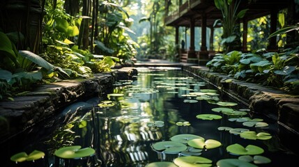 Pond with lily pads and lush vegetation