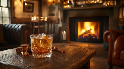 Cozy Whiskey Glass by a Warm Fire in a Rustic Pub Setting for Relaxation and Comfort