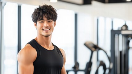 日本人 男性 アジア人 ムキムキ 筋肉 パーソナル トレーナー スマイル ジム バストショット 黒 灰色 白 背景