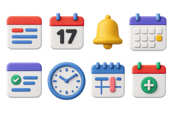 3D icon set of calendar and schedule: event card, date block, reminder bell, calendar grid, scheduled task, hour clock, week overview, add event.