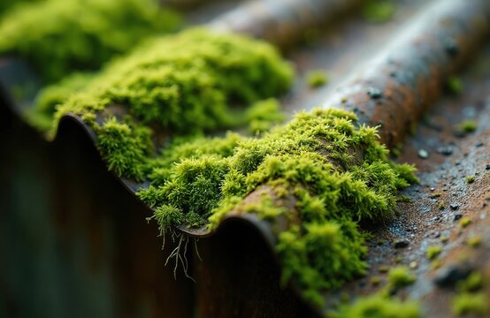 Close-up of a corrugated roof covered in green moss. Weathered metal texture, nature growth, abstract background. Gloeocapsa magma, a type of algae grows. Fresh green color against rusty brown color. - Powered by Adobe