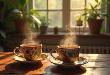 Fototapeta premium two steaming cups warm beverage aroma cozy atmosphere wooden table morning moments coffee tea drink, ceramic, pour, kitchen, home, friendship, comfort