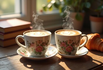 Fototapeta premium two stylish ceramic mugs steaming beverages cozy home kitchen warmth morning indulgence, coffee, winter, drink, cup, hot, set, table, background, comfort, brew