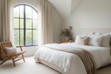 Serene bedroom sanctuary bathed in soft natural light featuring a plush linen bed arched window and