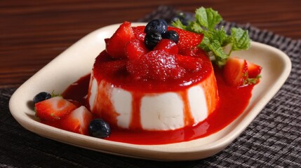 Creamy fruit dessert with red sauce. A pleasing combination of tastes.