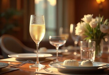 frosted glass white wine elegant table reflecting soft light inviting atmosphere, beverage, wineglass, reflection, luxury, elegance, texture, shine