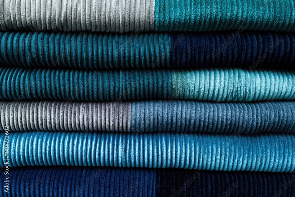 Poster stack of corduroy fabric in varying shades of blue and gray, showcasing texture and color variations