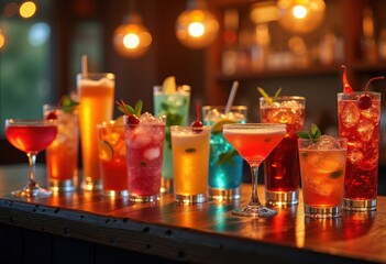 vibrant assorted cocktail glassware set displayed rustic wooden bar top bokeh background, party, drinks, beverages, liquid, colorful, refreshing