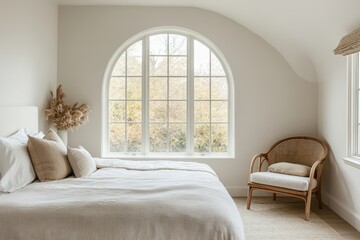 Fototapeta premium Serene bedroom with arched window natural light beige linen bedding and rattan chair