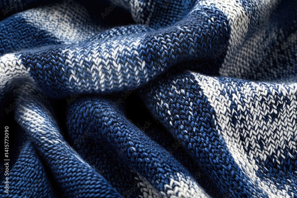 Poster close-up of a textured blue and white knitted fabric, showcasing intricate weave patterns and soft f