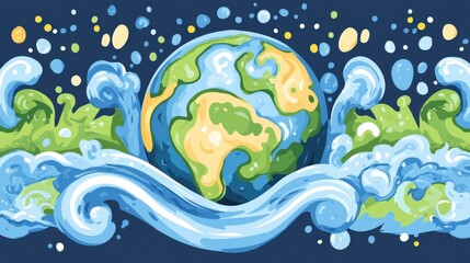A symbolic representation of Earth emerging from water with splashes, highlighting environmental themes and global nature.