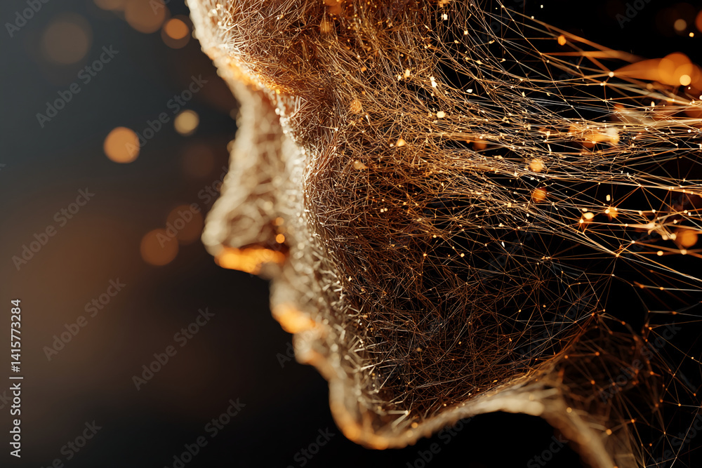 Poster abstract profile of a face, rendered in a network of golden threads against a dark background with b
