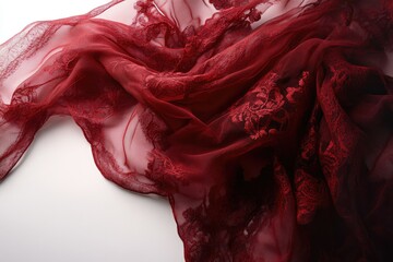 Draped red lace fabric with intricate floral patterns, luxurious and elegant texture.