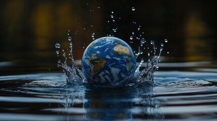 A symbolic representation of Earth emerging from water with splashes, highlighting environmental themes and global nature.