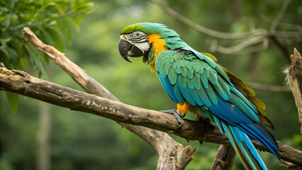 Obraz premium Portrait close up of colorful Scarlet Macaw parrot in Mexico against green natural background. Love parrots. Ara chloroptera parrot, a member of a large group of Neotropical parrots called macaws