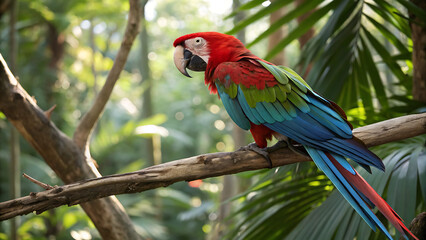 Obraz premium Portrait close up of colorful Scarlet Macaw parrot in Mexico against green natural background. Love parrots. Ara chloroptera parrot, a member of a large group of Neotropical parrots called macaws