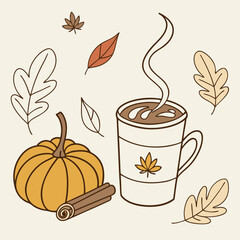 Pumpkin Spice Latte with Autumn Decor – Cozy Seasonal Vector