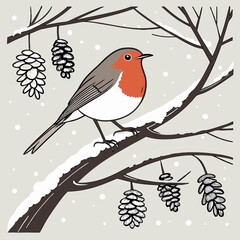 Robin with Red Chest Perched on Snowy Branch