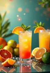 vibrant cocktail garnishes citrus fruit mint herbs colorful exotic drink preparation presentation glass table, beverage, liquid, ice, honeydew, kiwi, berry